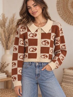 EARTHBOUND Cropped Ying Yang Checker Cardigan (670890) ☮️ ☀️